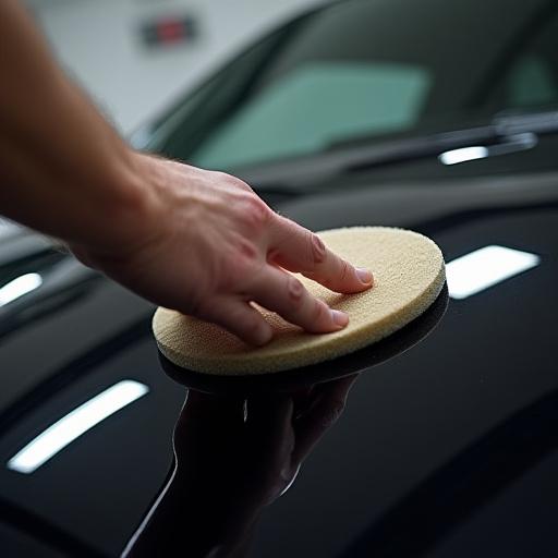 A hand applying a ceramic coating to a car's surface.
