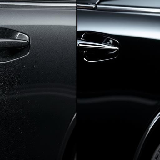 Split image showing the before and after of a paint correction process on a black car panel.